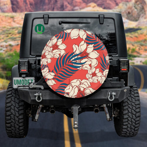 Abstract Elegance Flower Leaves Art Pattern On Red Background Spare Tire Cover - Jeep Tire Covers - Lynsiley