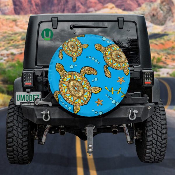 Sea Turtles Decorative And Flower On Blue Spare Tire Cover - Jeep Tire Covers - Lynsiley