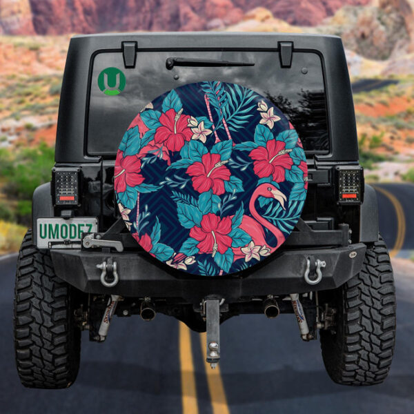 Hawaiian Floral With Blue Leaves And Flamingo Spare Tire Cover - Jeep Tire Covers - Lynsiley