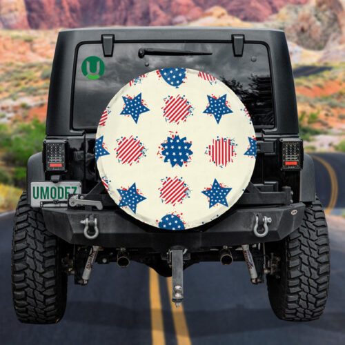 A Pattern Of Blue Stars And Red Striped Flower For 4th Of July Spare Tire Cover - Jeep Tire Covers - Lynsiley