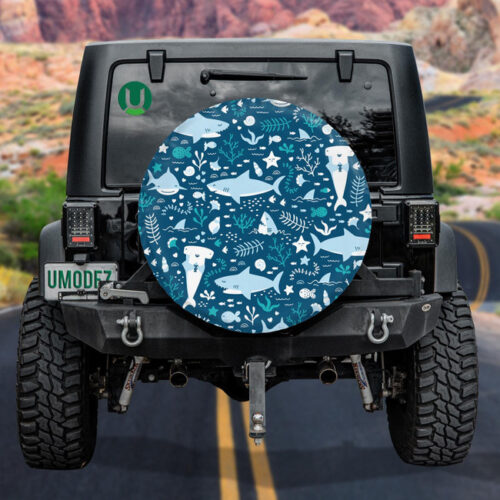 Pretty Pale Blue Shark And Ocean Creatures Underwater Design Spare Tire Cover - Jeep Tire Covers - Lynsiley