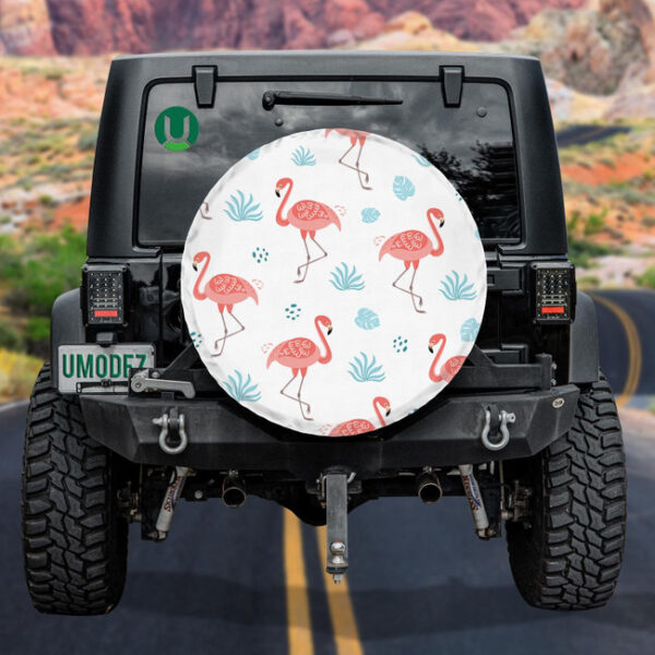 Pink Flamingo With Tropical Blue Leaves Spare Tire Cover - Jeep Tire Covers - Lynsiley