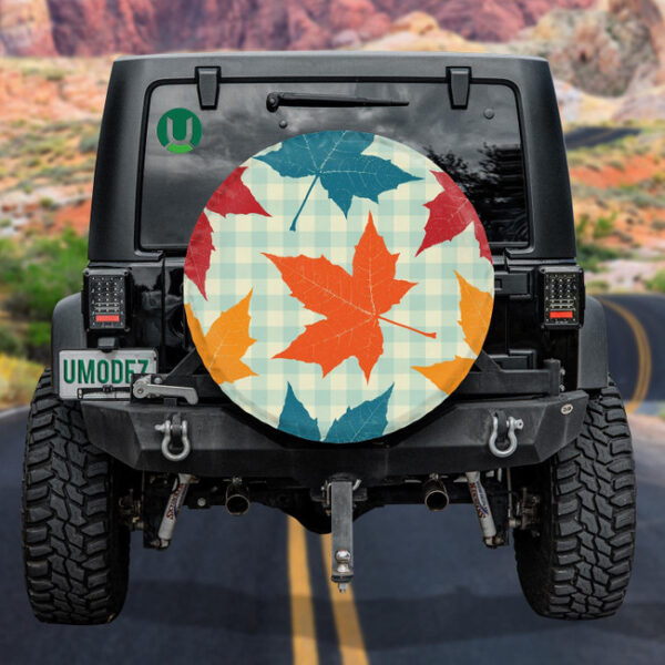 Colored Maple Leafs On Pastel Blue Gingham Plaid Spare Tire Cover - Jeep Tire Covers - Lynsiley