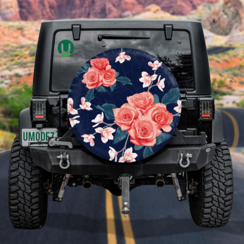 Botanical Pink rose And Orchid Flowers On Dark Blue Background Spare Tire Cover - Jeep Tire Covers - Lynsiley