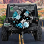 Rose Poppy Pomegranate Flowers Black And Blue Pattern Spare Tire Cover - Jeep Tire Covers - Lynsiley