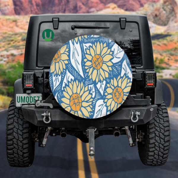 Digital Floral Botanical And Sunflower In Blue White And Orange Spare Tire Cover - Jeep Tire Covers - Lynsiley