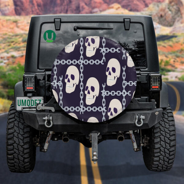 Human Skulls And Chains On Dark Blue Background Spare Tire Cover - Jeep Tire Covers - Lynsiley