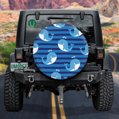 Cute Cartoon Blue Whales On Navy Striped Background Design Spare Tire Cover - Jeep Tire Covers - Lynsiley