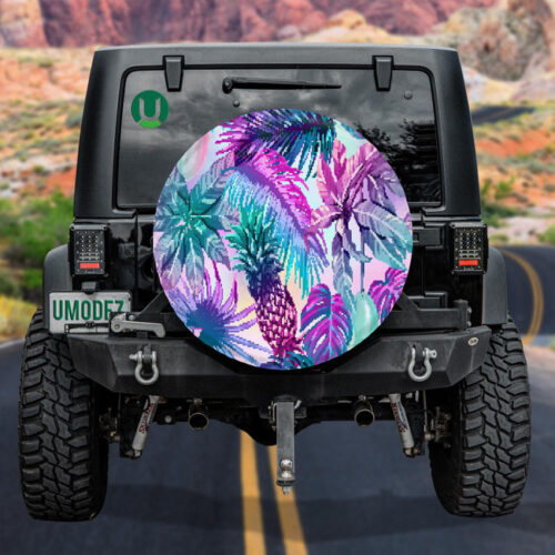 Pink And Blue Neon Tropical Fruits Leaves And Flowers Spare Tire Cover - Jeep Tire Covers - Lynsiley