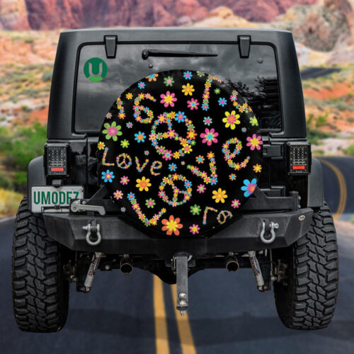 Abstract Colorful Flowers And Peace Flower Symbol Hippie Pattern Spare Tire Cover - Jeep Tire Covers - Lynsiley