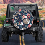 Cute Hand Drawn Fox Family And Flowers On Dark Blue Background Spare Tire Cover - Jeep Tire Covers - Lynsiley