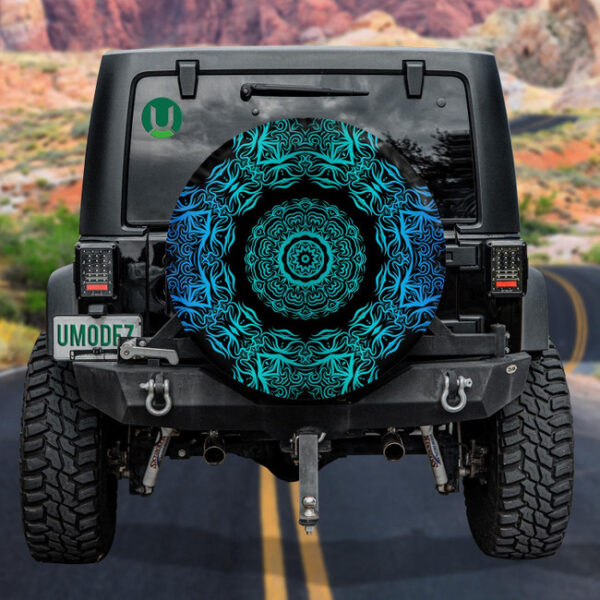 Blue Floral Geometric Mandala Motif On Black Background Spare Tire Cover - Jeep Tire Covers - Lynsiley