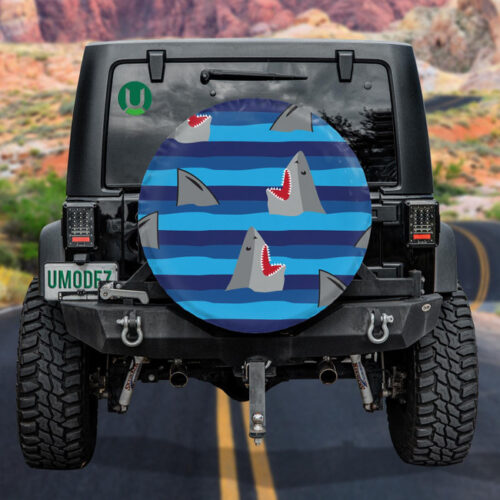 Abstract Pattern In Blue Lines With Cartoon Shark Head Spare Tire Cover - Jeep Tire Covers - Lynsiley