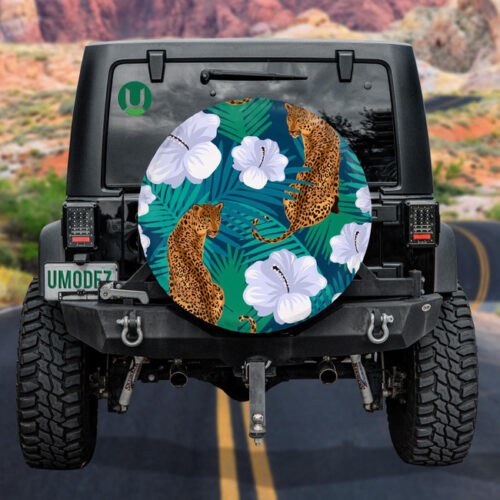 Floral Jungle Leopard In Deep Blue Background Spare Tire Cover - Jeep Tire Covers - Lynsiley