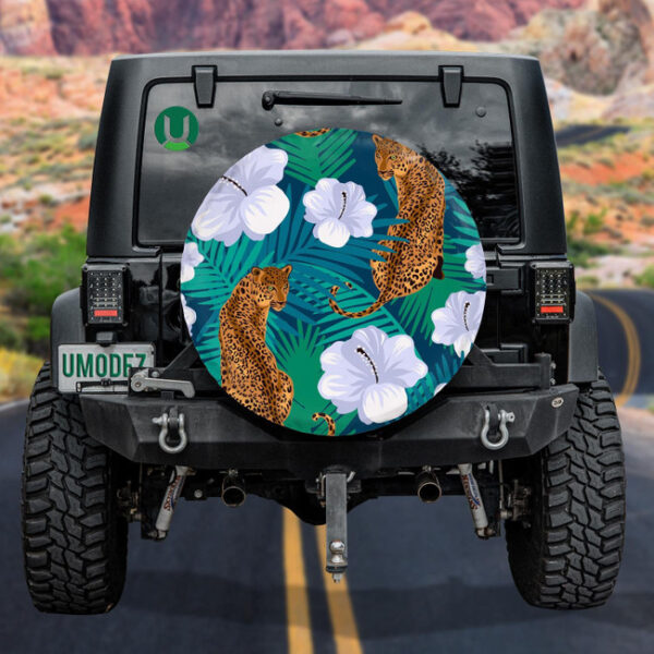 Floral Jungle Leopard In Deep Blue Background Spare Tire Cover - Jeep Tire Covers - Lynsiley