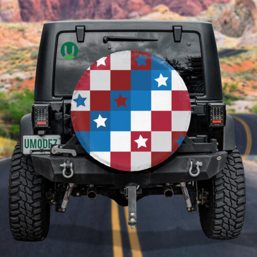 Patriotic Red White And Blue Colored Square And Star Pattern Spare Tire Cover - Jeep Tire Covers - Lynsiley