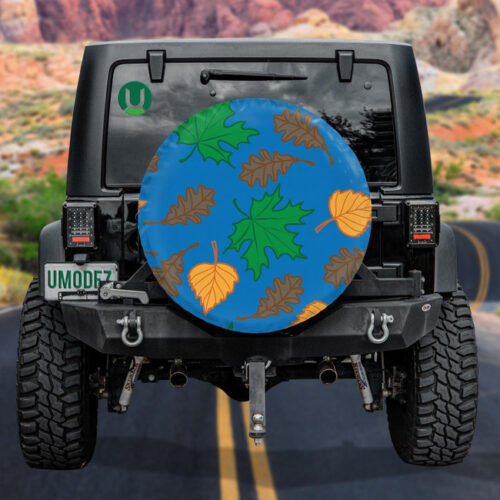 Seasonal Autumn Leaves On Blue Background Spare Tire Cover - Jeep Tire Covers - Lynsiley