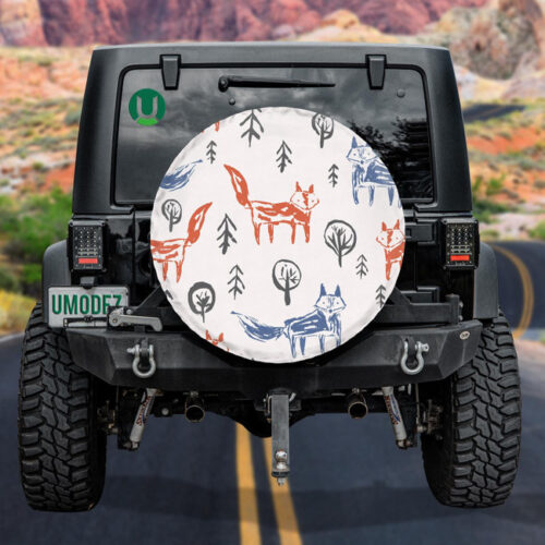 Cute Sketchy Orange Foxes And Blue Wolfs Spare Tire Cover - Jeep Tire Covers - Lynsiley