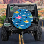 Hand Drawn Colorful Sharks And Fishes On Blue Design Spare Tire Cover - Jeep Tire Covers - Lynsiley