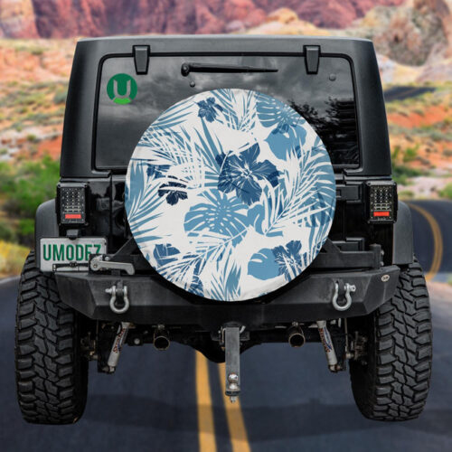 Hawaiian Tropical Palm Leaves Hibicus Camo In Blue Pattern Spare Tire Cover - Jeep Tire Covers - Lynsiley