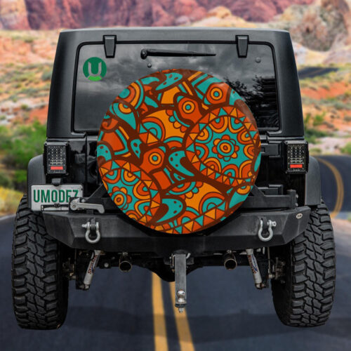 Hand Drawn Tribal Blue And Orange Background Spare Tire Cover - Jeep Tire Covers - Lynsiley