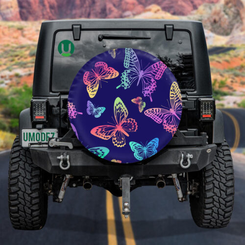 Pattern With Rainbow Butterflies On Blue Background Spare Tire Cover - Jeep Tire Covers - Lynsiley