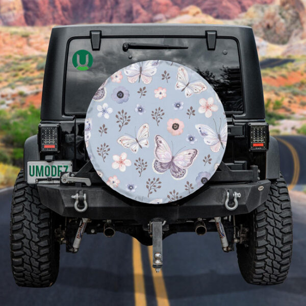 Flying Butterflies And Flowers In Blue Spare Tire Cover - Jeep Tire Covers - Lynsiley