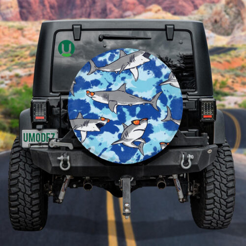 Pattern Of A Sharks And Tie Dye With Blue Background Elements Spare Tire Cover - Jeep Tire Covers - Lynsiley