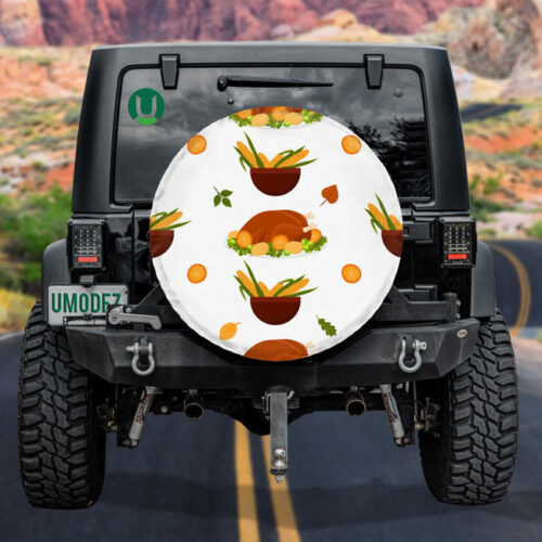 A Plate With Cooked Turkey And Corn With Maple Leaves Spare Tire Cover - Jeep Tire Covers - Lynsiley