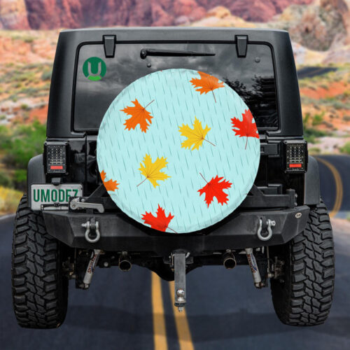 Autumn On Rainy Day Blue Background With Maple Leaves Spare Tire Cover - Jeep Tire Covers - Lynsiley