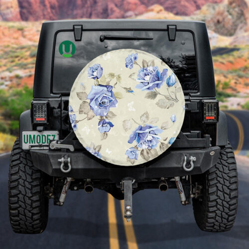 Impressive Blue Roses Branch With Little Butterflies Pattern Spare Tire Cover - Jeep Tire Covers - Lynsiley