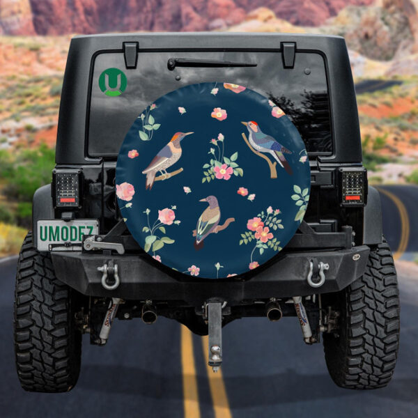 Birds And Blooming Roses On Dark Blue Background Spare Tire Cover - Jeep Tire Covers - Lynsiley