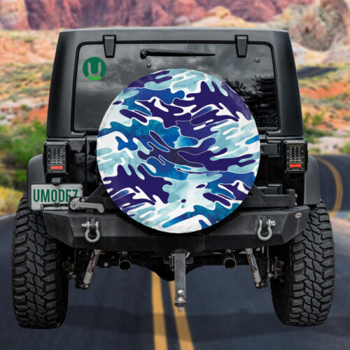 Modern Watercolor Aqua Blue Camo Monochrome Pattern Spare Tire Cover - Jeep Tire Covers - Lynsiley