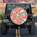 Blue And White Human Skull And Bone On Red Background Spare Tire Cover - Jeep Tire Covers - Lynsiley