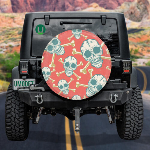 Blue And White Human Skull And Bone On Red Background Spare Tire Cover - Jeep Tire Covers - Lynsiley