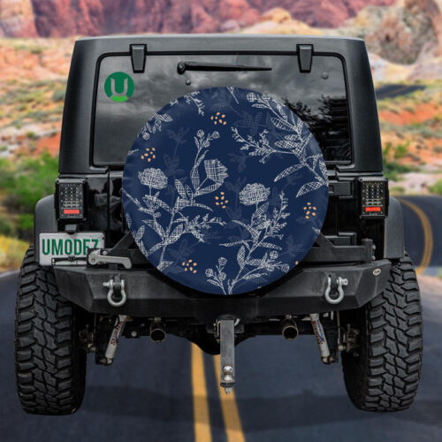 Hand Drawn Sketch Beautiful Silhouette Flowers In Dark Blue Color Spare Tire Cover - Jeep Tire Covers - Lynsiley