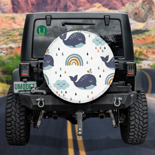 Baby Blue Whales Rainbow And Clouds On White Background Spare Tire Cover - Jeep Tire Covers - Lynsiley