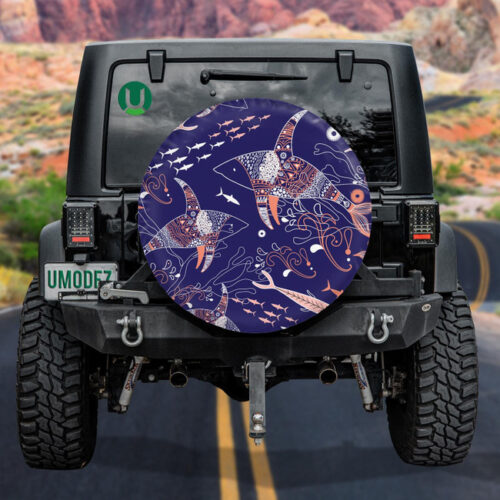 Pattern Of Marine Fish And Sharks On A Navy Blue Background Spare Tire Cover - Jeep Tire Covers - Lynsiley