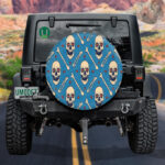 Human Skull With Bone On Blue Background Spare Tire Cover - Jeep Tire Covers - Lynsiley