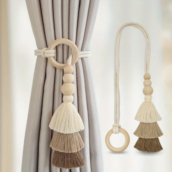 1pc Unique Handmade Boho Chic Tassel Curtain Holdbacks with Wooden Beads - Polyester Home Decor Accent