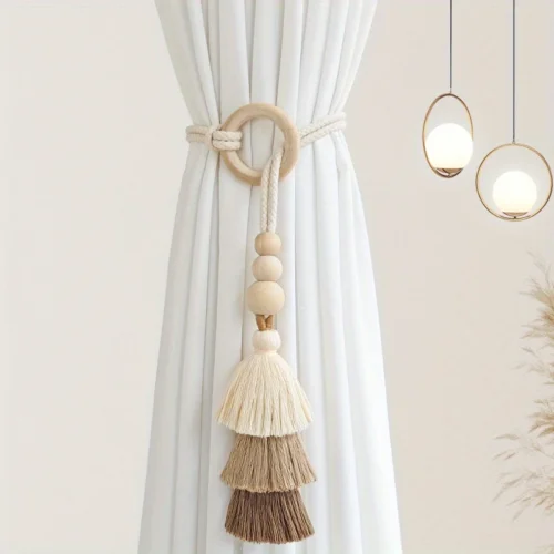 1pc Unique Handmade Boho Chic Tassel Curtain Holdbacks with Wooden Beads - Polyester Home Decor Accent