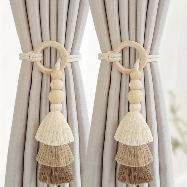 1pc Unique Handmade Boho Chic Tassel Curtain Holdbacks with Wooden Beads - Polyester Home Decor Accent