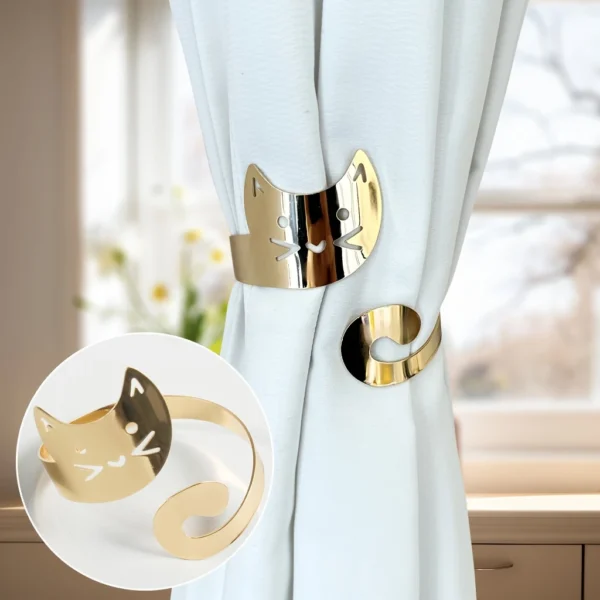 1pc Glam Style Curtain Tieback Golden Curly Tail Cat - Window Decor Curtain Accessory