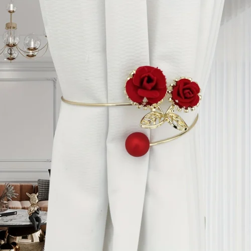 1pc Glam Style Curtain Tieback Red Rose & Pearl Design Alloy - Window Decor Curtain Accessory