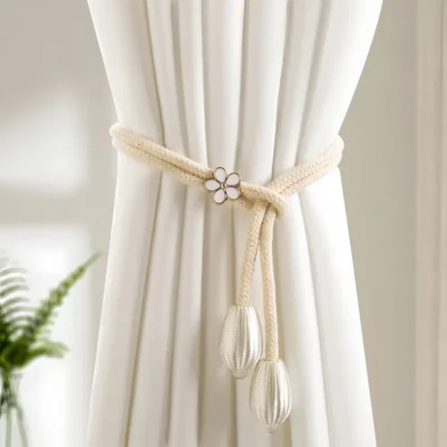 1pc Adjustable Window Curtain Tieback with Floral Buttons - Polyester Home Decor Accent