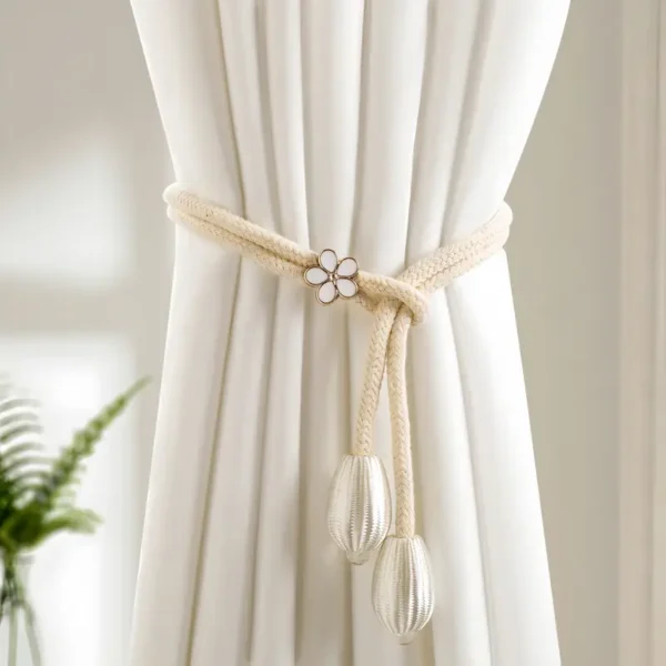 1pc Adjustable Window Curtain Tieback with Floral Buttons - Polyester Home Decor Accent
